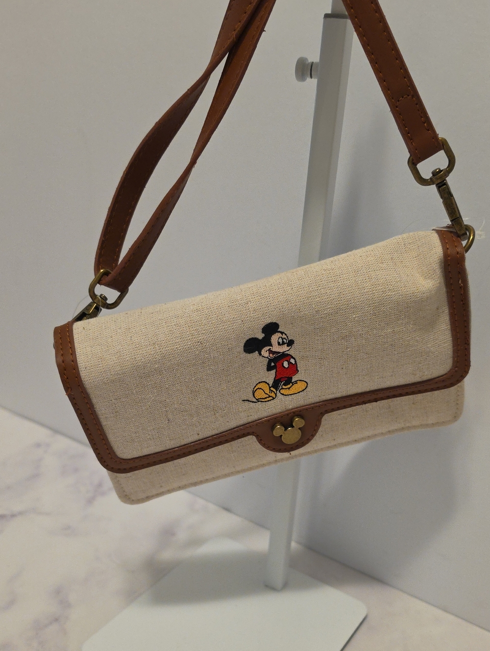 Disney Beige Canvas Crossbody Bag with Brown Trim Brand New